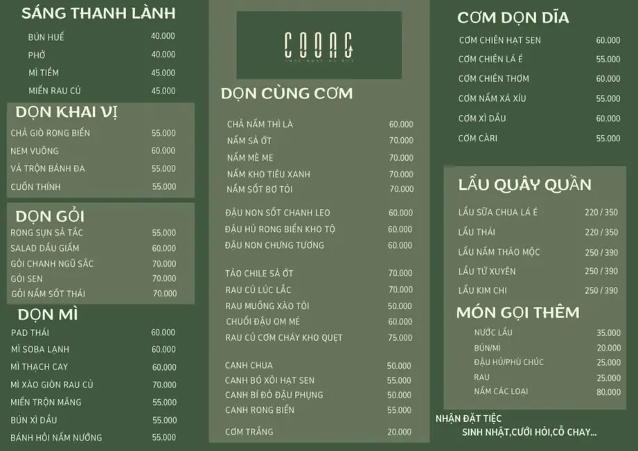 menu Nhà hàng Coong Chay