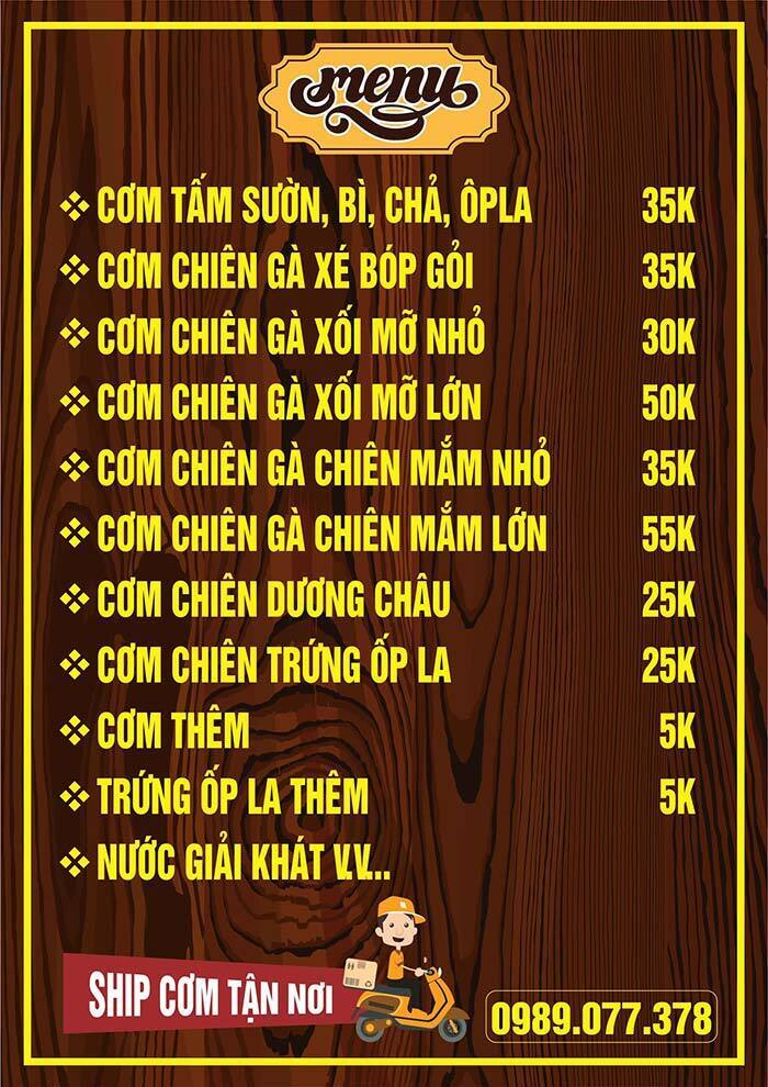 Menu quán cơm Tam Phát