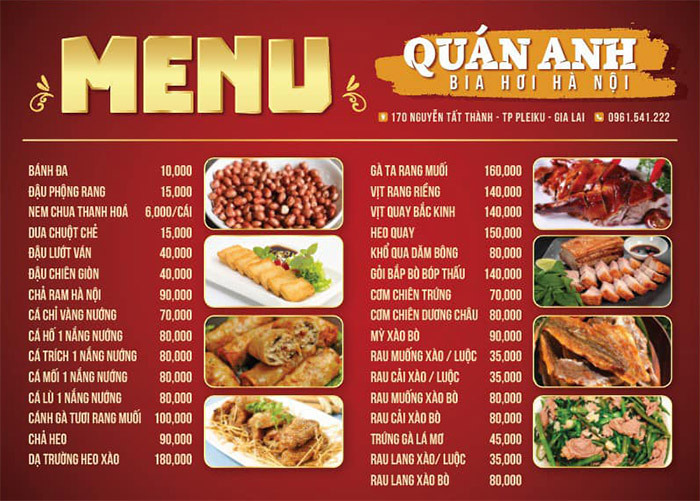 Menu quán anh bia hơi hà nội